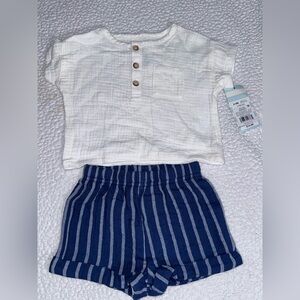 White Buttoned Top and Blue Striped Shorts